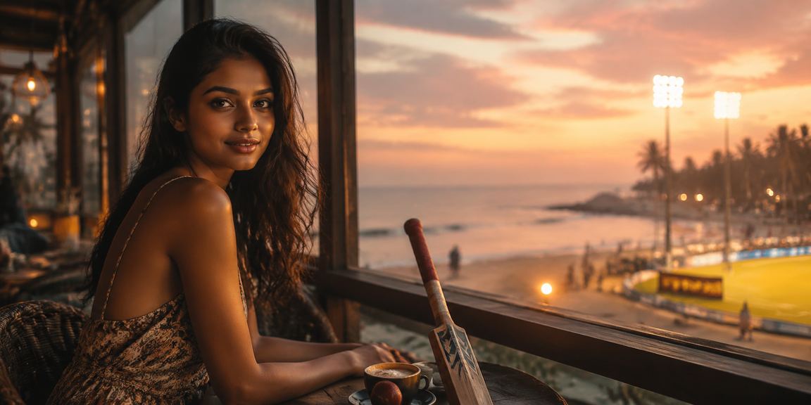 Coastal Goa beach scene combined with cricket betting and mobile gaming