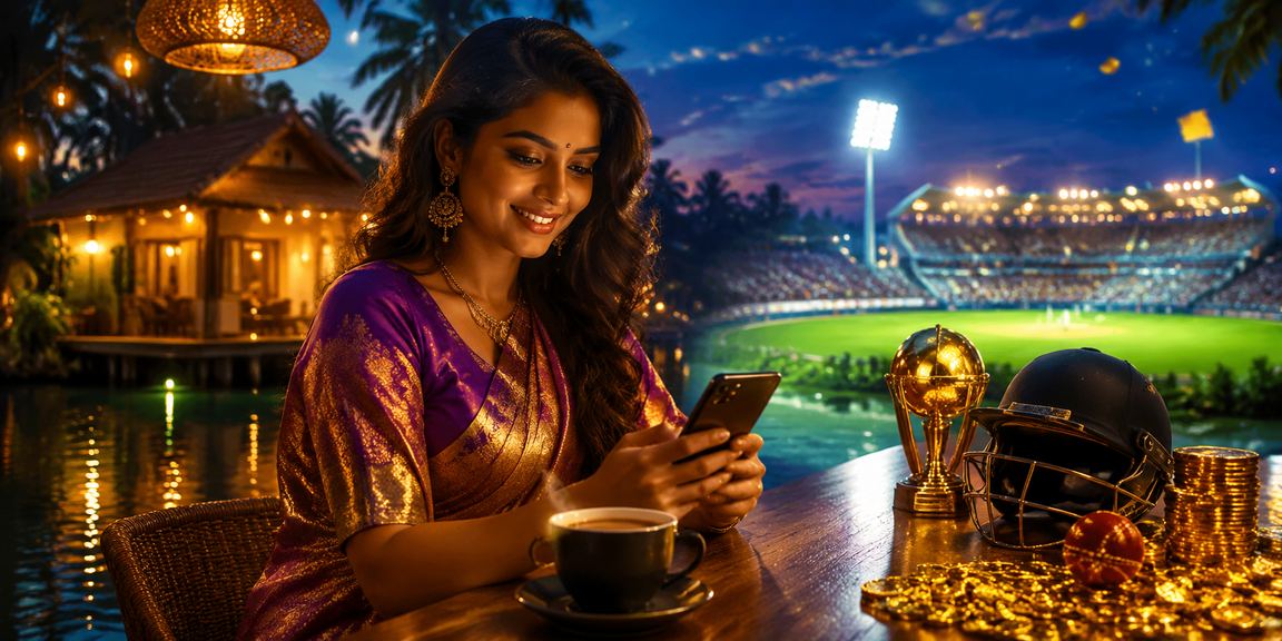Cricket betting scene in Kerala with glowing blue and gold lights